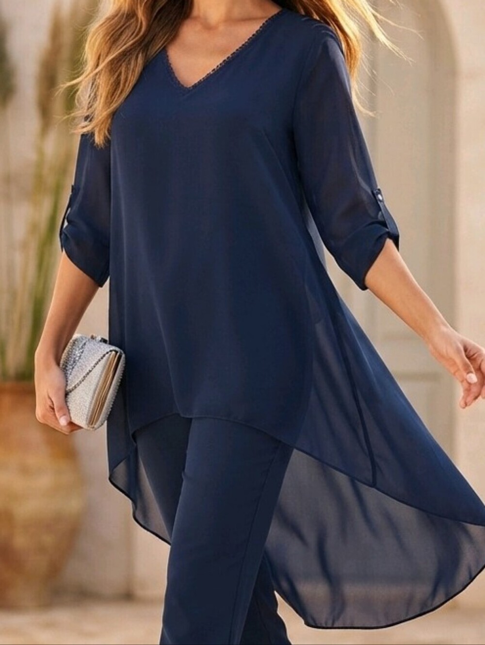 Women's Plus Size June Avenue Sheer Navy Chiffon Tunic Top 3X Quiet Luxe High Lo